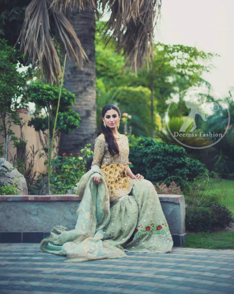 mehndi-dress-2016-yellow-short-frock-with-light-green-gharara-3