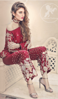 Deep Red Party Wear Dress – Short Shirt – Embroidered Trouser - Image 3