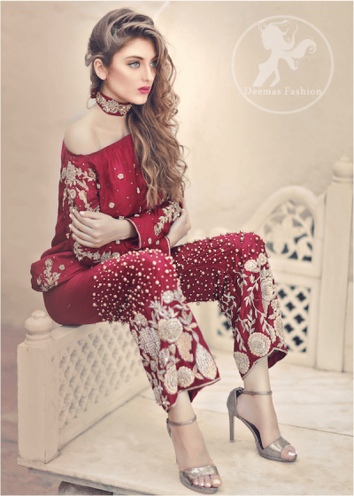 Deep Red Party Wear Dress – Short Shirt – Embroidered Trouser