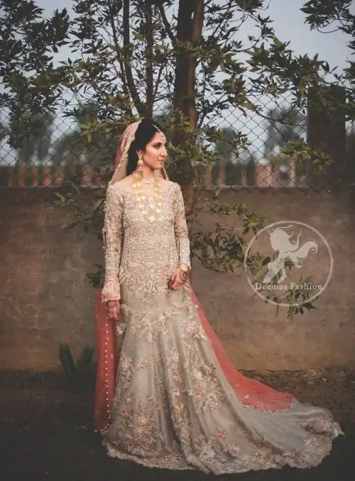 Light Gray Back Trail Bridal Maxi - Peach Dupatta