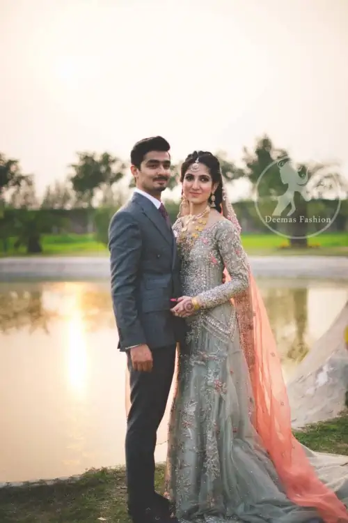 Light Gray Back Trail Bridal Maxi - Peach Dupatta