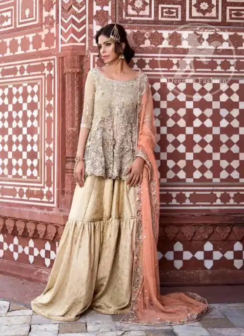 Traditional Gharara. The frock features beautiful embellishments all over the frock. The dress contains a working border on the hemline.