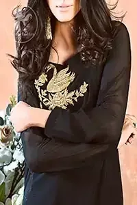 Black Semi Formal Shirt - Bell Bottom Pants - Banarsi Jamawar Dupatta