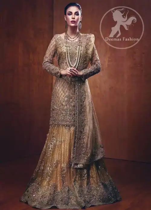 The straight shirt has been adorned with an embellished neckline. The shirt contains embroidered jaal all over. A large embroidered