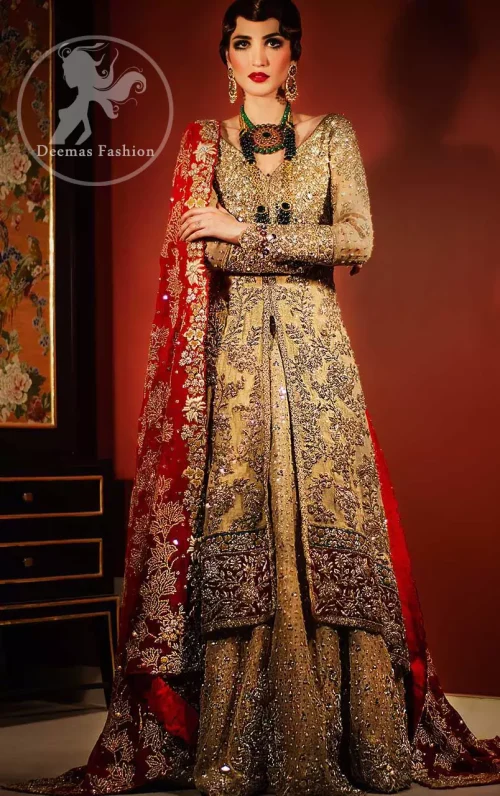 Golden Front Open Back Trail Gown - Bridal Lehenga - Deep Red Dupatta