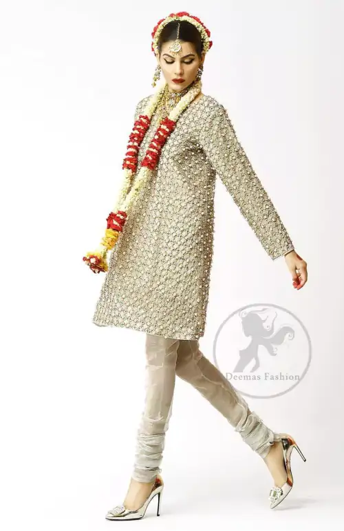 Ivory Embroidered Short Shirt - Churidar Pajama