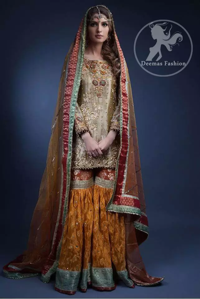 Golden Brown Front Open Shirt - Lehenga - Deep Red Dupatta