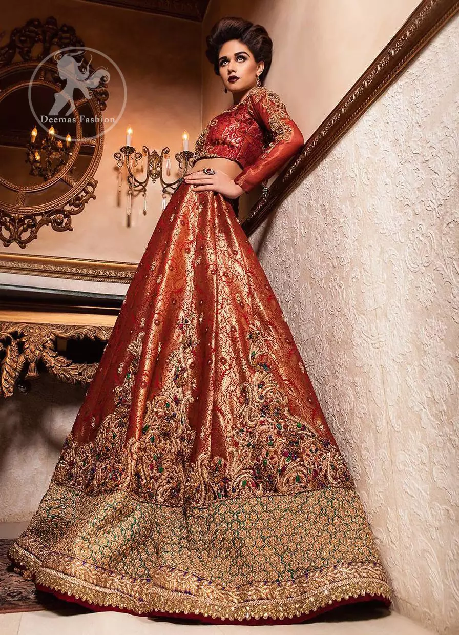 Orange Red Banarsi Bridal Lehenga Choli