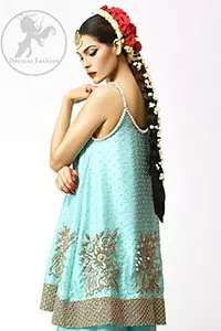 Turquoise Designer Wear Short Frock - Embroidered Sharara