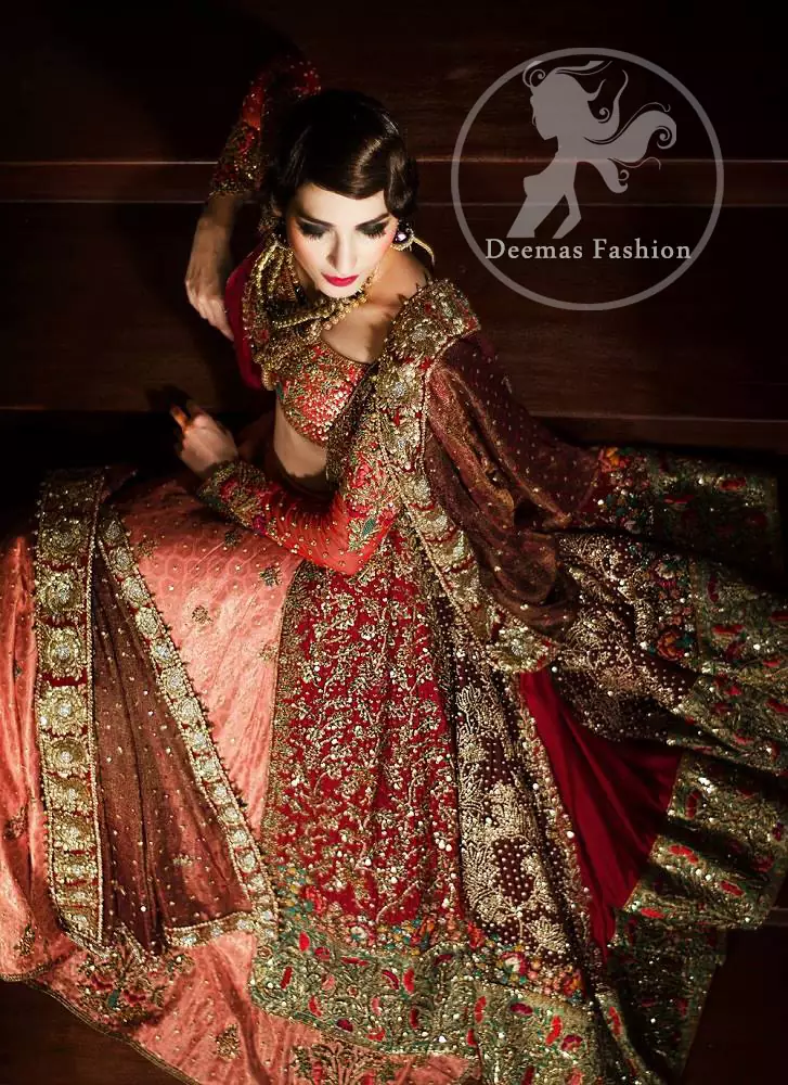 Bridal Lehenga Choli Design 2017 - Deep Red Gown - Dark Peach Lehenga