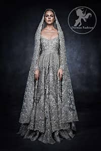 Dark Gray Bridal Wear Dress - Anarkali Bridal Frock - Embroidered Lehenga