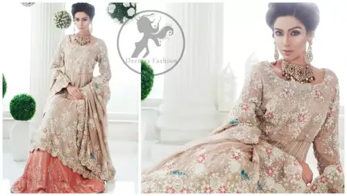 Pakistani Bridal Dress 2017 - Light Fawn Back Trail Frock - Peach Jamawar Lehenga