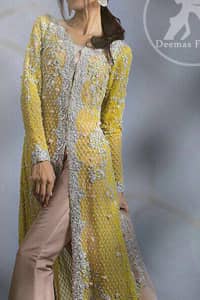 Mehndi Mayon Dresses 2017 - Yellow Front Open Gown - Beige Bell Bottom