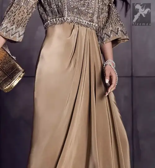 Fawn brown silky maxi has embellished bodice and sleeves. Bodice and sleeves have been embellished with dark gray embellishment and