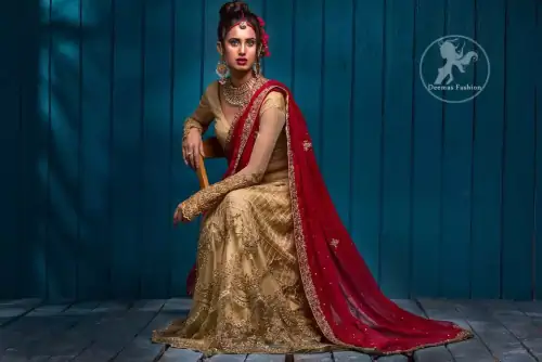 This outfit has antique brass pure banarsi jamawar blouse and embroidered net full sleeves. It comes with lehengha which embodies