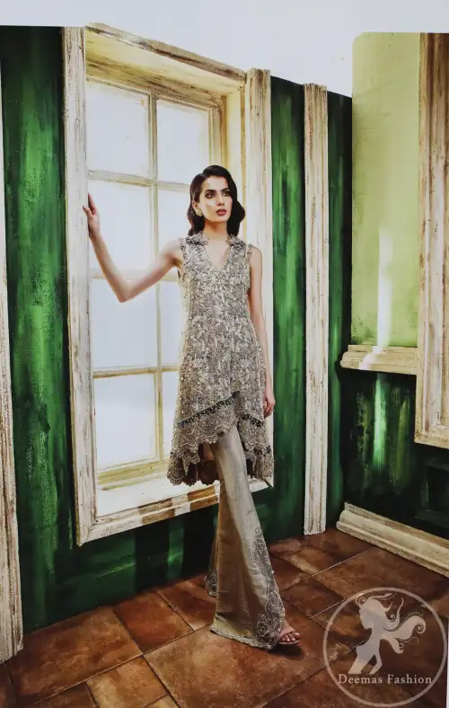 Grey olive floral embroidered high and low front open short frock. Frock is finessed with kora, dabka, pearls, sequins and
