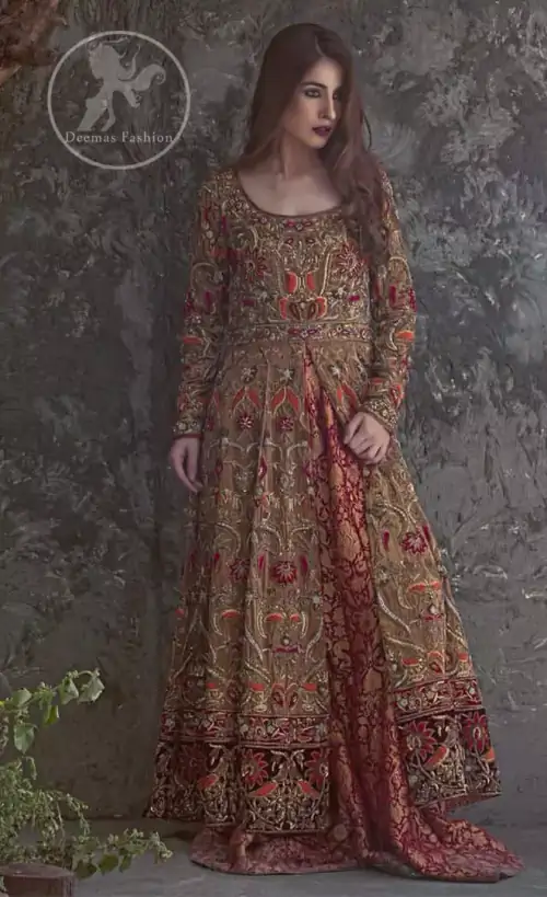 Dark Fone Brown Front Open Double Layer Frock Maroon Flush Dupatta