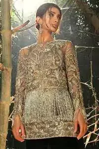 Heathered Gray Shirt Black Trousers Tan Embroidery