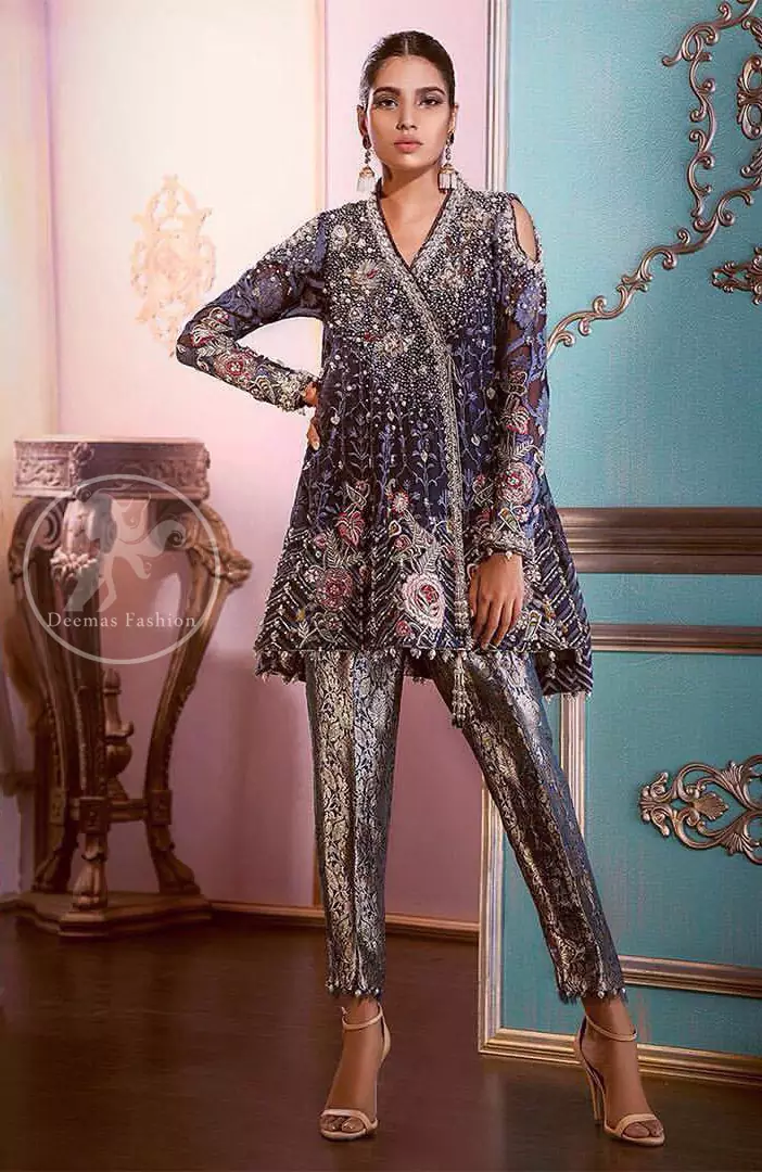 Oxford Blue Angrakha Style Short Frock Brocade Trousers