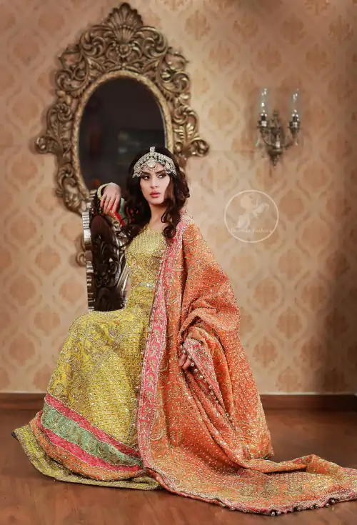 This outfit is decorated with antique shaded embroidery. The dress is fully embellished. Sleeves are decorated with different colour applique
