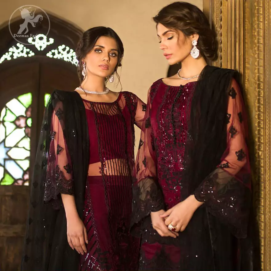 Boost your confidence and style in this glamorous attire accentuated with finest thread work embroidery and cut work borders. Pair it up with embroidered straight pants. It comes with black embroidered dupatta that gives the right amount of glamour to the outfit.