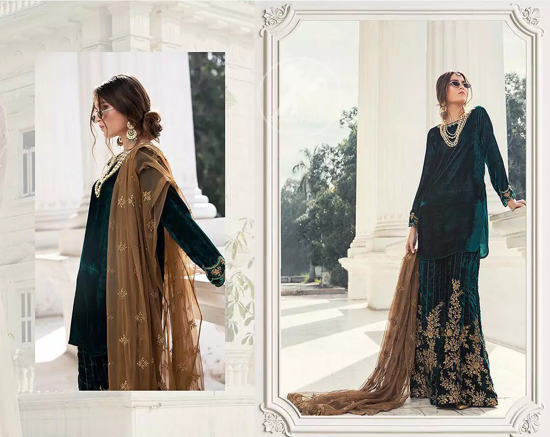 Take a step towards refreshing your wardrobe with bottle green velvet Shirt. The shirt is perfected with delicate gold tilla work. Add this bottle green velvet golden embellished bell bottom for a complete look. It comes with golden net dupatta enhanced with small motifs on the ground.
