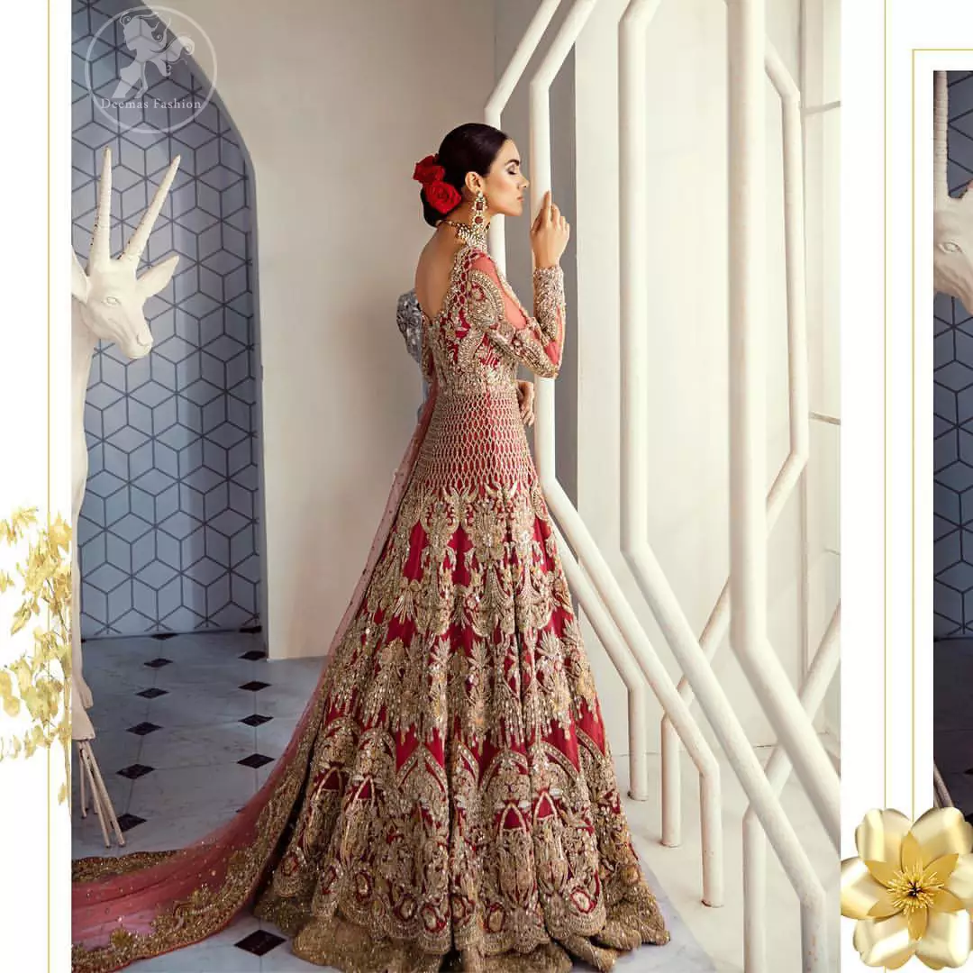 This bridal dress is perfect for your special day. Beautifully decorated with floral embroidery and embellished scalloped border. It is adorned with kora, dabka, tilla, sequins and pearls. It comes with an exquisite lehengha with thick embroidered border to give it a regal look. Dupatta comprises of floral thread embroidery allured with thick embellished border.