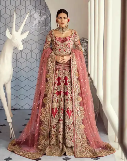 This bridal dress is perfect for your special day. Beautifully decorated with floral embroidery and embellished scalloped border. It is