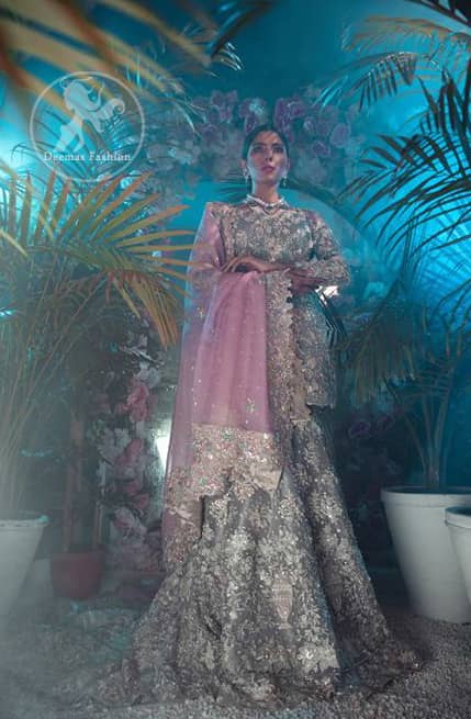 This outfit is beautifully embellished with floral embroidery. It is adorned with kora, dabka, tilla, sequins and pearls. It comes with fully embroidered trail lehengha. It is coordinated with chiffon dupatta which has four sided embellished scalloped border.