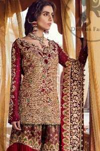 The bridal stands out due to its uniqueness and the perfect fusion of modern cut and traditional embroidery. This dress is beautifully decorated with heavy embroidery. It is highlighted with kora, dabka, tilla, sequins and pearls. It comes with heavy embroidered gharara. It is coordinated with chiffon dupatta which is sprinkled with sequins all over it. It is allured with four sided embellished borderand beautiful tassels adds to the look.