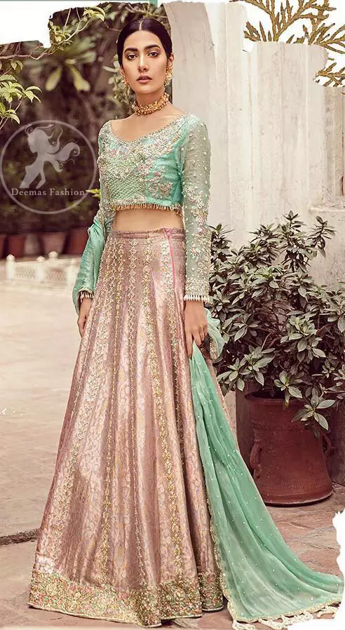 rani pink and green lehenga in resham, zardosi and mirror work with ba