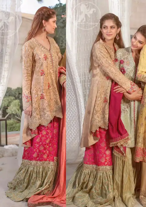 This super stunning back trail shirt is made of rich floral embroidery which is further enhanced with zerdosi work. It