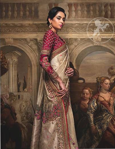 This dress is beautifully sculptured with floral embroidery. It comes with fully embroidered brocade blouse which adds to the look. Pallu is highlighted with kora, dabka, tilla, sequins and pearls. It is allured with delicate tassels.
