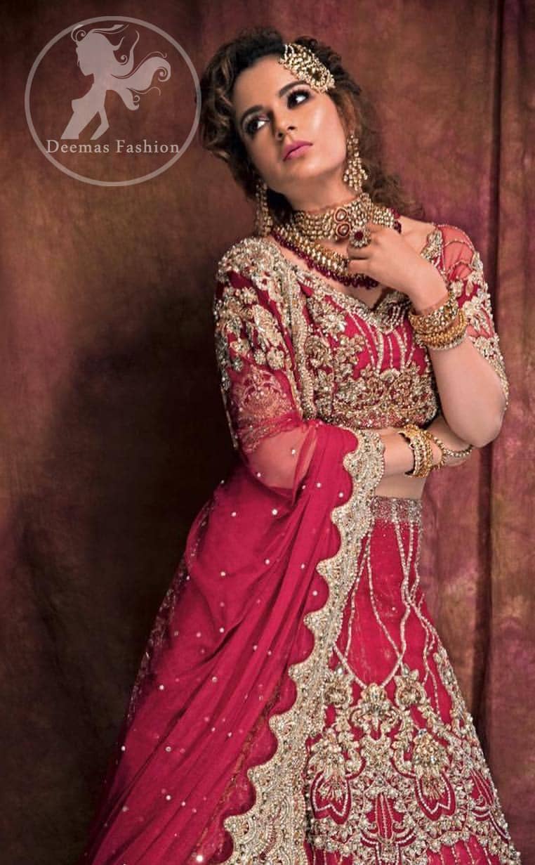 Exude glamour in this trendy lehnga with light golden and silver embroidery instantly draws attention. The blouse is enhanced with golden and silver kora, dabka, tilla, swarovski crystals and zardozi embroidery and a beautiful embellished motifs on the sleeves. Complete the look with artfully coordinated lehenga which is ornamented with a bold and captivating back trail design with a traditional intricate embroidered. The dupatta incorporates beautifully designed borders on all four sides and scattered sequins on the ground that gives the right amount of glamour to the outfit.