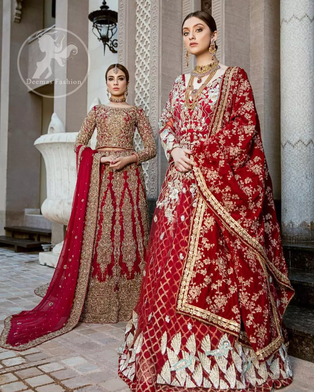 Delicately crafted and personifying chic elegance with an element of grandiose.  Heavily embellished in the front with intricate embroidered pattern done with dull golden kora, dabka, kundan, tilla and sequins. The lehnga with embroidered motifs pattern all over and finished with thick kora and dabka borders completes the look. It is coordinated with tissue dupatta which is sprinkled with sequins all over it. It is further furnished with four sided embroidered border.