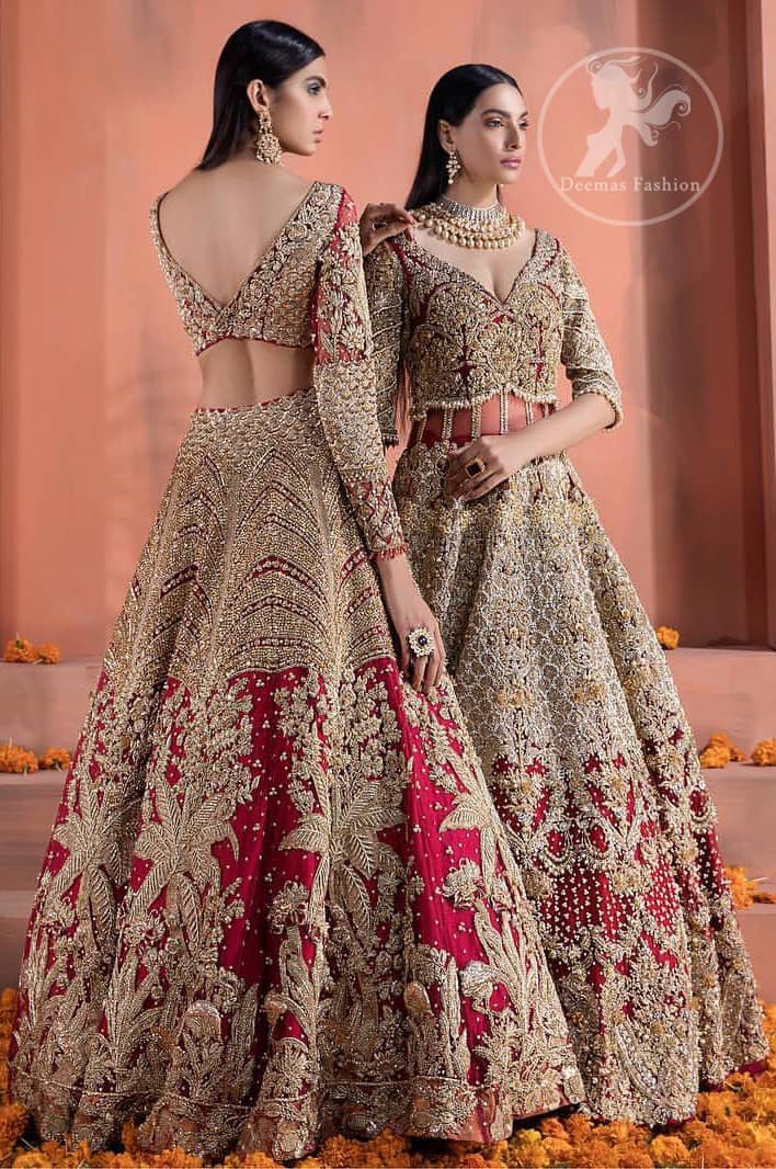 Reflecting royalty and the majestic beauty of statuesque shape and silhouette this bridal dress is perfect for your special day. This traditional outfit is aesthetically designed with motifs and floral patterns, embellished with kora, dabka, nakshi, sequins, crystals and stones. The back of the maxi also adorned with floral motifs in kora, dabka with sequin spray all over. It comes with brocade pajama. It is paired with heavily embroidered organza dupatta that gives the right amount of glamour to the outfit.