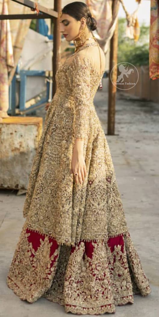 This bridal dress is perfect for your special day. Create a vision of elegance with red wine lehenga decorated with intricate gota detailing and silver gold kora dabka and sequins. Heavy embroidered frock comprises with red wine scalloped border lehenga. The outfit is coordinated with an organza dupatta with hand embroidered borders on all four sides and gota sequin work on the ground.