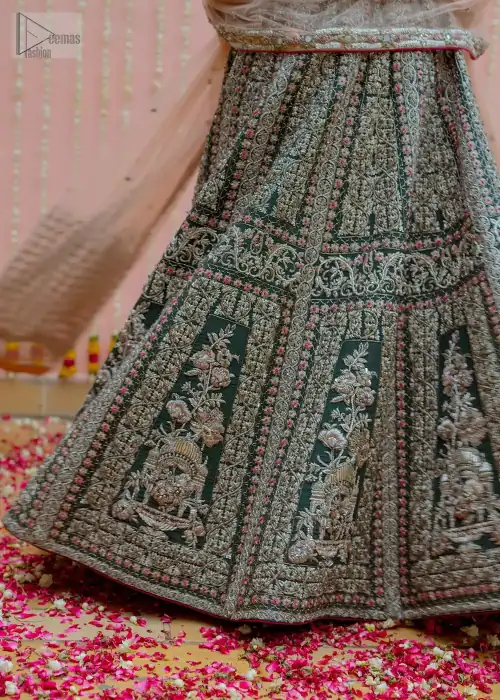 Bottle Green Velvet Blouse Lehenga Tan Dupatta