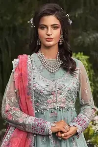 Light Gray Jacket Frock Churidar Pajama Pink Dupatta