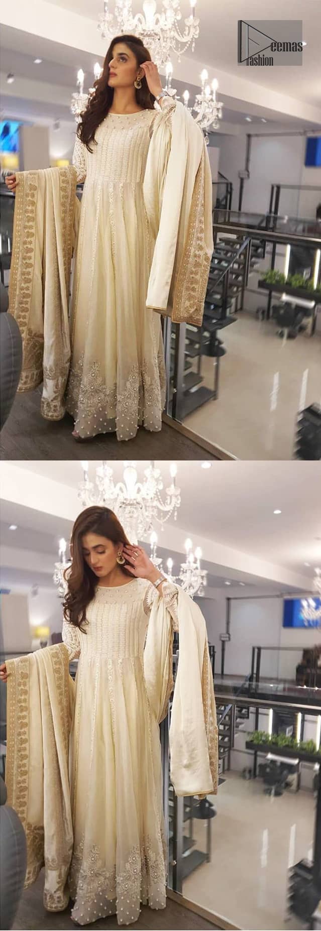 This outfit is perfect for nikah day. Exude elegance and class in this anarkali frock finessed with beautiful embellished bodice with matching thread embroidery and pearls. This trendy outfit is enhanced with thick borders and floral bunches refined the classical royal look. Having full length sleeves adorned with floral motifs. It comprises with churidar pajama. The dupatta incorporates beautifully designed borders on all four sides, focusing on the heavily embellished pallu borders to give it a perfect look.