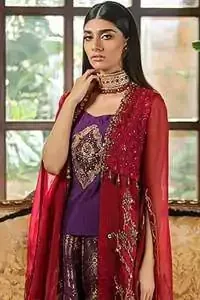 Purple Short Shirt Sharara & Red Front Open Shirt Dupatta