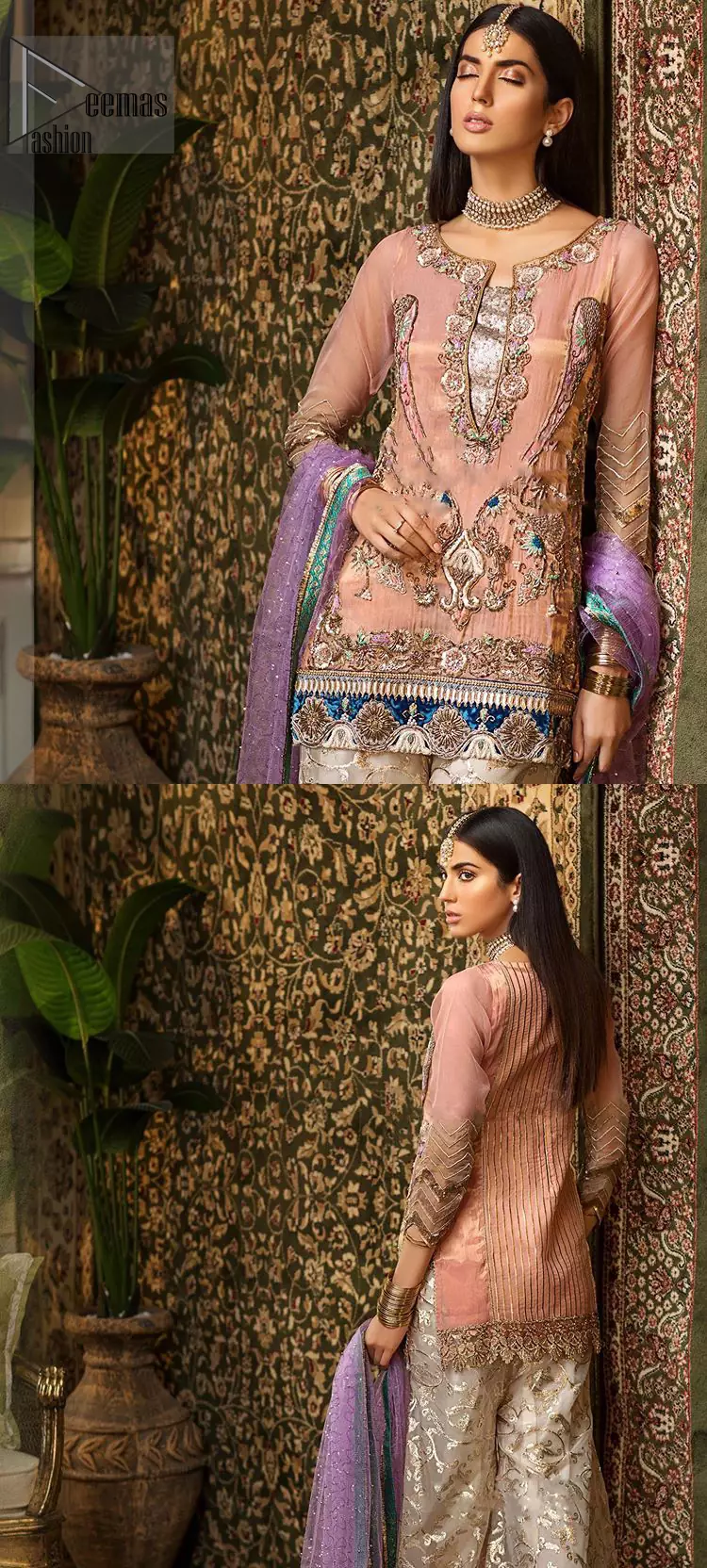 Add some super cool twist to your look with this outfit on your nikah. Gussy up in this luxuriously designed shirt emboldened with intricate embroidery along with beautiful rich patterns and delicate applique details at the daaman. Furthermore this super stunning shirt is made of rich floral embroidery which is further enhanced with zardosi work. Having full length sleeves adorned with scalloped finishing. Style it up with artfully coordinated ivory sharara finessed with lace and applique details at the bottom. The outfit is beautifully coordinated with light purple dupatta with embellished lace borders on all four sides and scattered sequins all over.