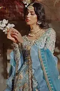 Sky Blue Front Open Frock Dupatta & Ivory Sharara