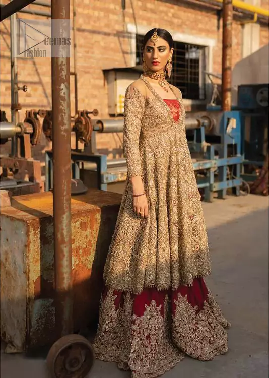 Latest Pakistani Bridal Wear - Golden Embroidered Frock Red Wine Lehenga