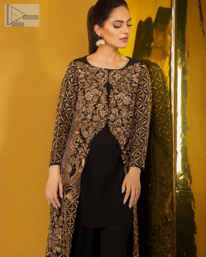 Perfected with antique gold and dark antique embellishments this black velvet ensemble is timeless masterpiece in to a chic fantasy. Delicately crafted with zardosi, kora, dabka, tilla, sequins and pearls. Furthermore it is adorned with geometric patterns all over. Beautifully designed sleeves is an amalgamation of geometric and floral design elements. This outfit is finished with black raw silk palazzo pants and pure chiffon dupatta.