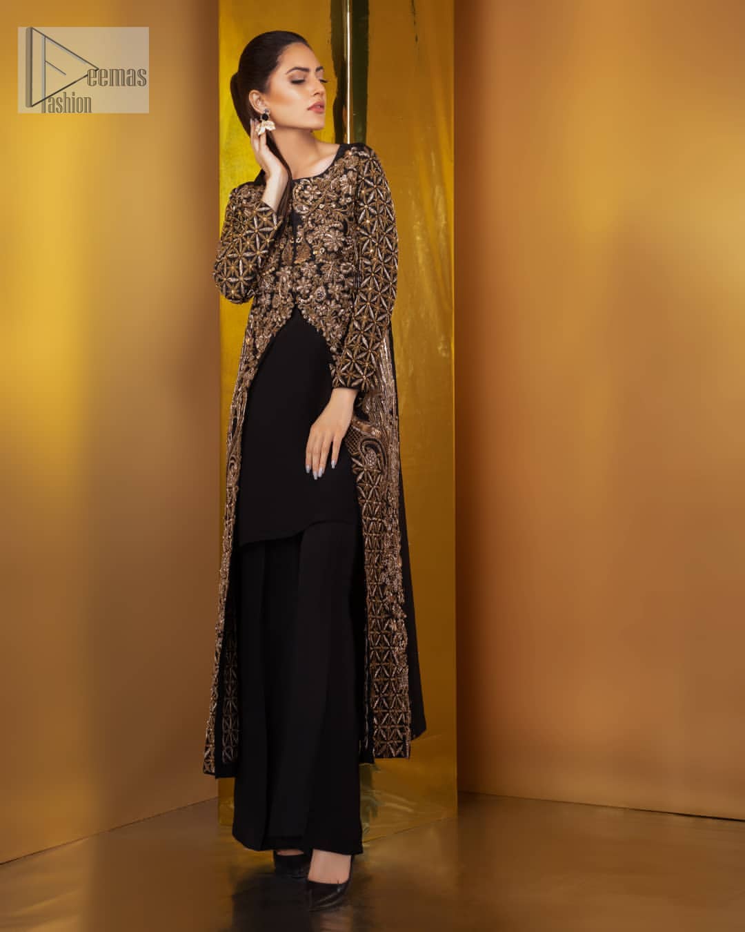 Perfected with antique gold and dark antique embellishments this black velvet ensemble is timeless masterpiece in to a chic fantasy. Delicately crafted with zardosi, kora, dabka, tilla, sequins and pearls. Furthermore it is adorned with geometric patterns all over. Beautifully designed sleeves is an amalgamation of geometric and floral design elements. This outfit is finished with black raw silk palazzo pants and pure chiffon dupatta.
