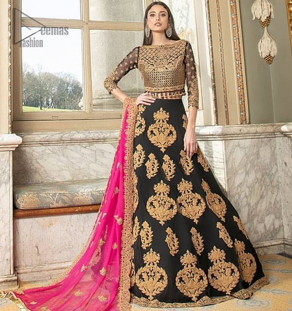 This outfit is an immensely captivating traditional piece, enhancing the art of classical heritage showcasing the craftsmanship of kora and dabka detailed with pearls; artistically embellished to give a beautiful rhythm to the outfit. Blouse is enhanced with zardosi work. It comes with full embellished lehenga adorned with different sizes motifs and finished with thin border. It is coordinated with pink chiffon dupatta which is sprinkled with small motifs all over. It is further furnished with four sided scalloped border.