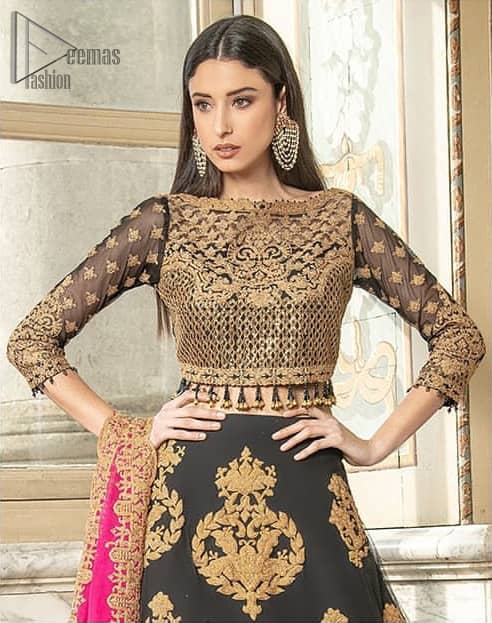 This outfit is an immensely captivating traditional piece, enhancing the art of classical heritage showcasing the craftsmanship of kora and dabka detailed with pearls; artistically embellished to give a beautiful rhythm to the outfit. Blouse is enhanced with zardosi work. It comes with full embellished lehenga adorned with different sizes motifs and finished with thin border. It is coordinated with pink chiffon dupatta which is sprinkled with small motifs all over. It is further furnished with four sided scalloped border.