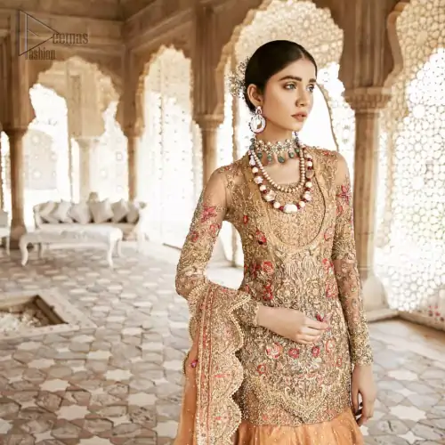Beautifully elegant with a modern twist. Adorned in an orange embellished with antique detailing all over, this undeniably elegant attire