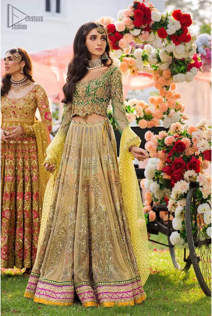 Perfect Mehndi Dress Green Scalloped Blouse Yellow Lehenga